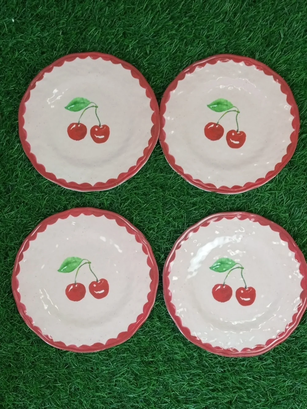 ⛱️ Cherry Accent Dessert Small Plates - Red Trim (Set of 4)